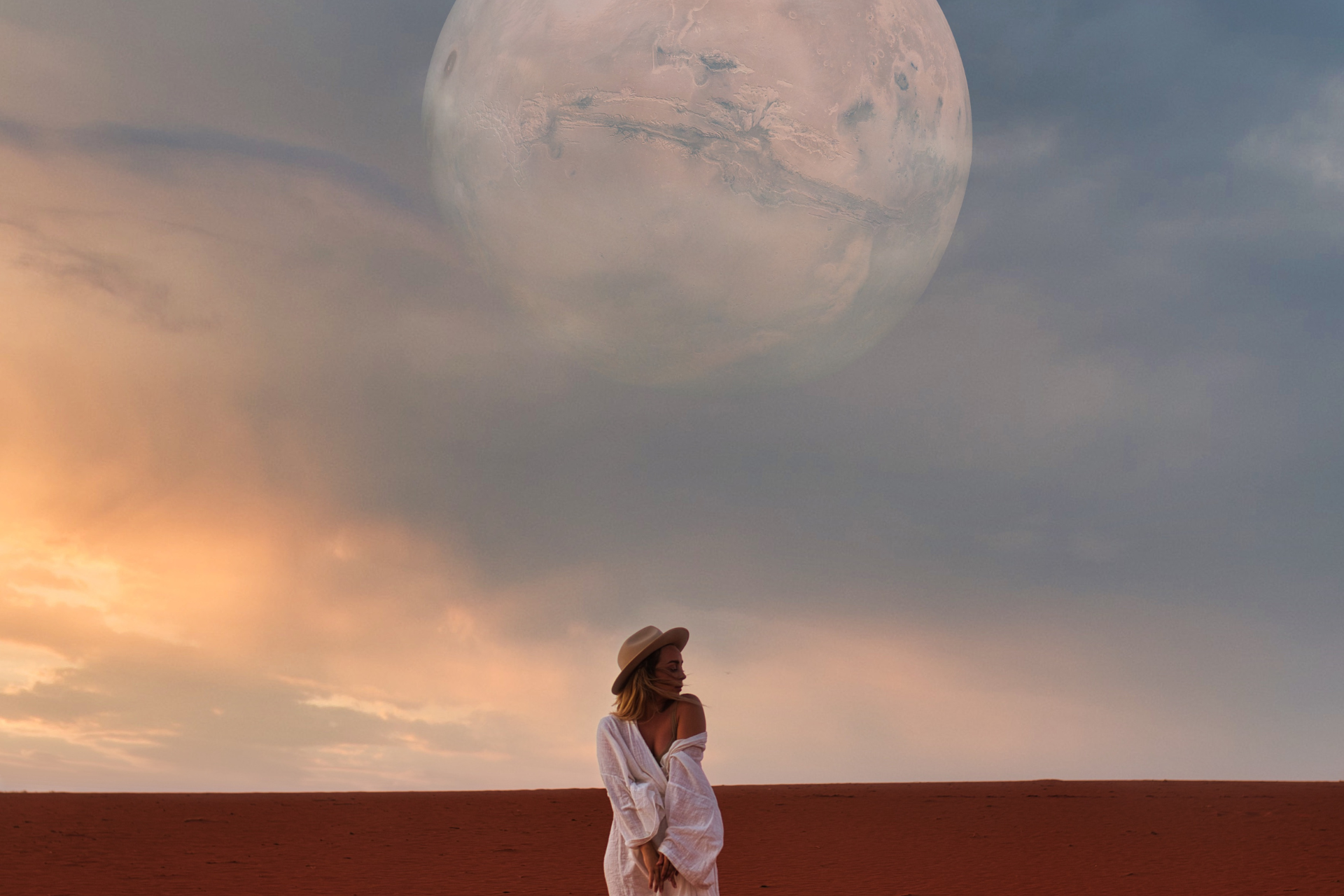 Girl standing on Mars with Full Moon in the background.
